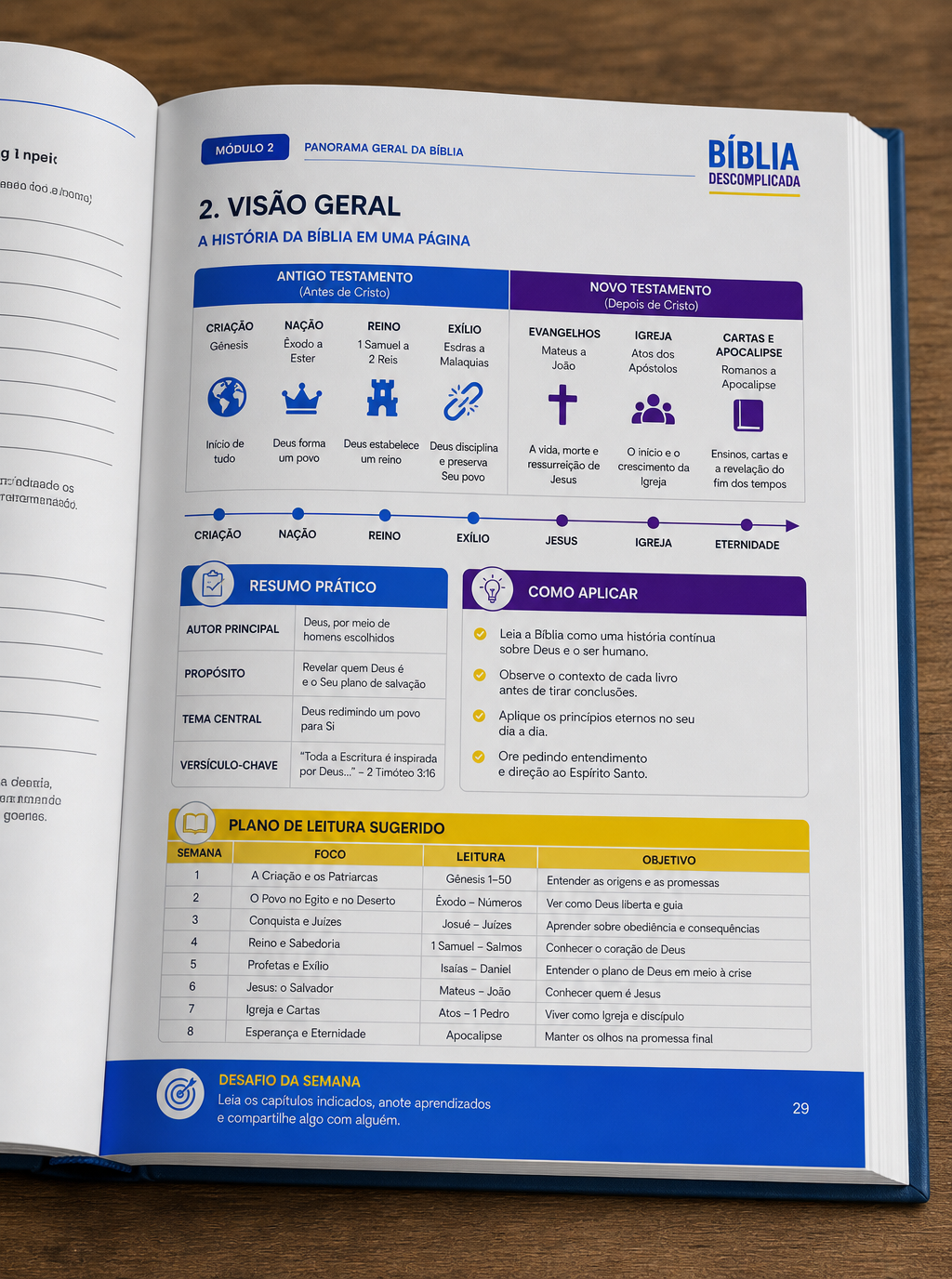 Bíblia Descomplicada: página prática do livro impresso com resumos e plano de leitura